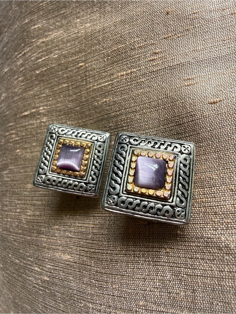 Square Silver-Tone Earrings with Purple gemstone center  and Gold Accents